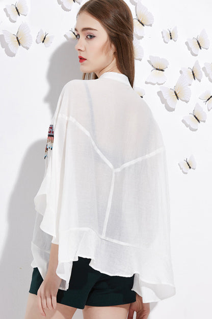 Vintage Rural Stand Collar Loose Embroider Irrgegularity Top