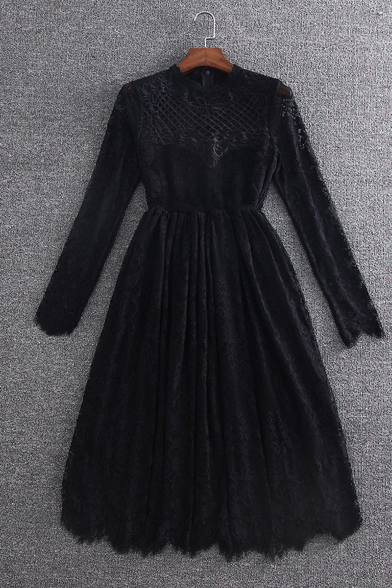 WOMEN'S LACE ROUND NECK CASUAL GRACE LONG SLEEVE PARTY DRESS