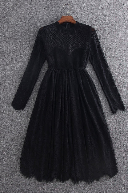 WOMEN'S LACE ROUND NECK CASUAL GRACE LONG SLEEVE PARTY DRESS