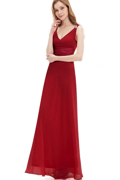 Double V-Neck Rhinestones Ruched Bust Gown Long Dress