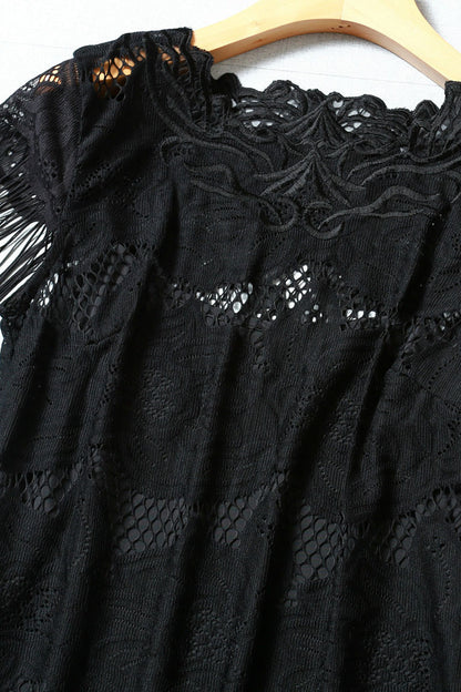 Sheer Crohet Floral Lace Tassel Hemline Slim Dress