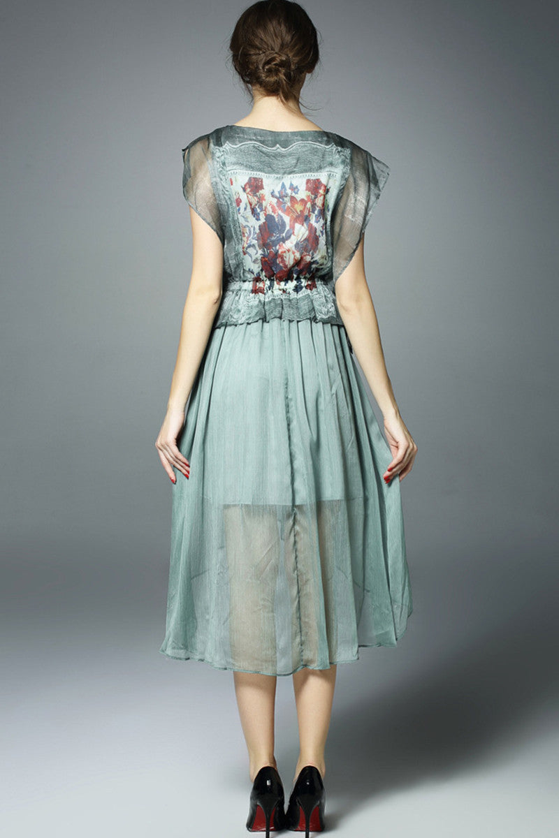 Round Collar See Through Flare Sleeve Floral Print Hi-Low Pleated Dress