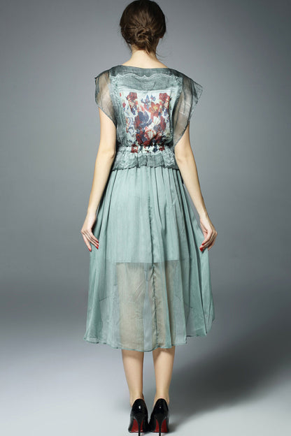 Round Collar See Through Flare Sleeve Floral Print Hi-Low Pleated Dress