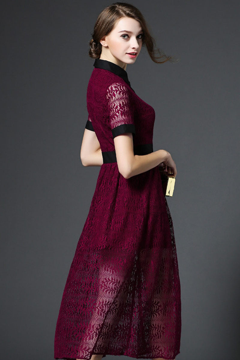 Roll Collar Hollow Out  Lace Patch Flare Midi Dress - NJOYDRESS - 3