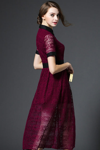 Roll Collar Hollow Out  Lace Patch Flare Midi Dress - NJOYDRESS - 3