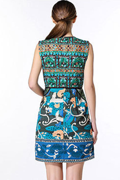 Tribal Print Round Neck Little From Slit Short Dress