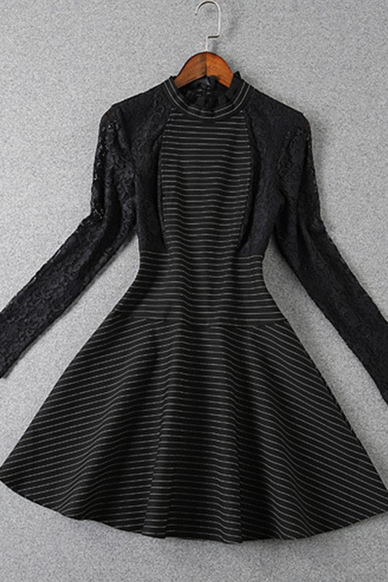 Thin Stripe Joint Lace Little Mock Neck Dress