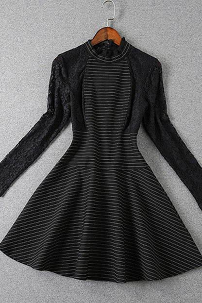 Thin Stripe Joint Lace Little Mock Neck Dress