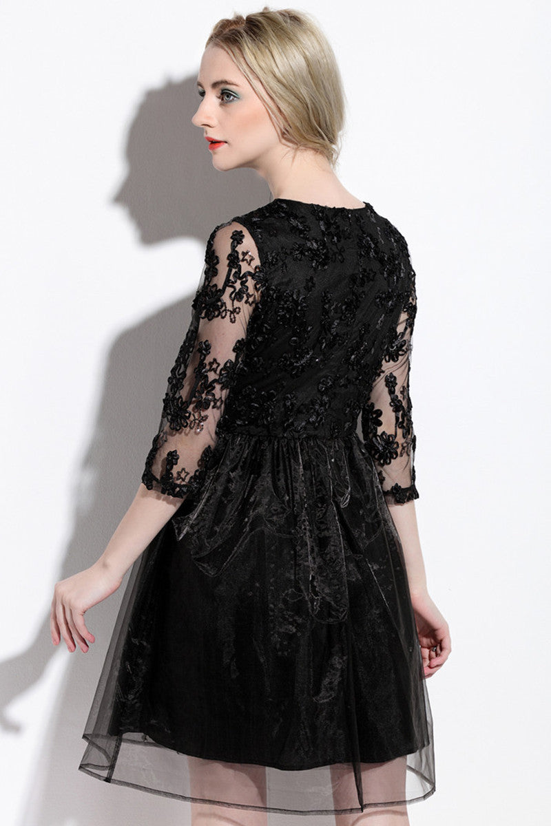Round Collar Floral Embroidery Applique Sheer Organza Full Pleated Dress