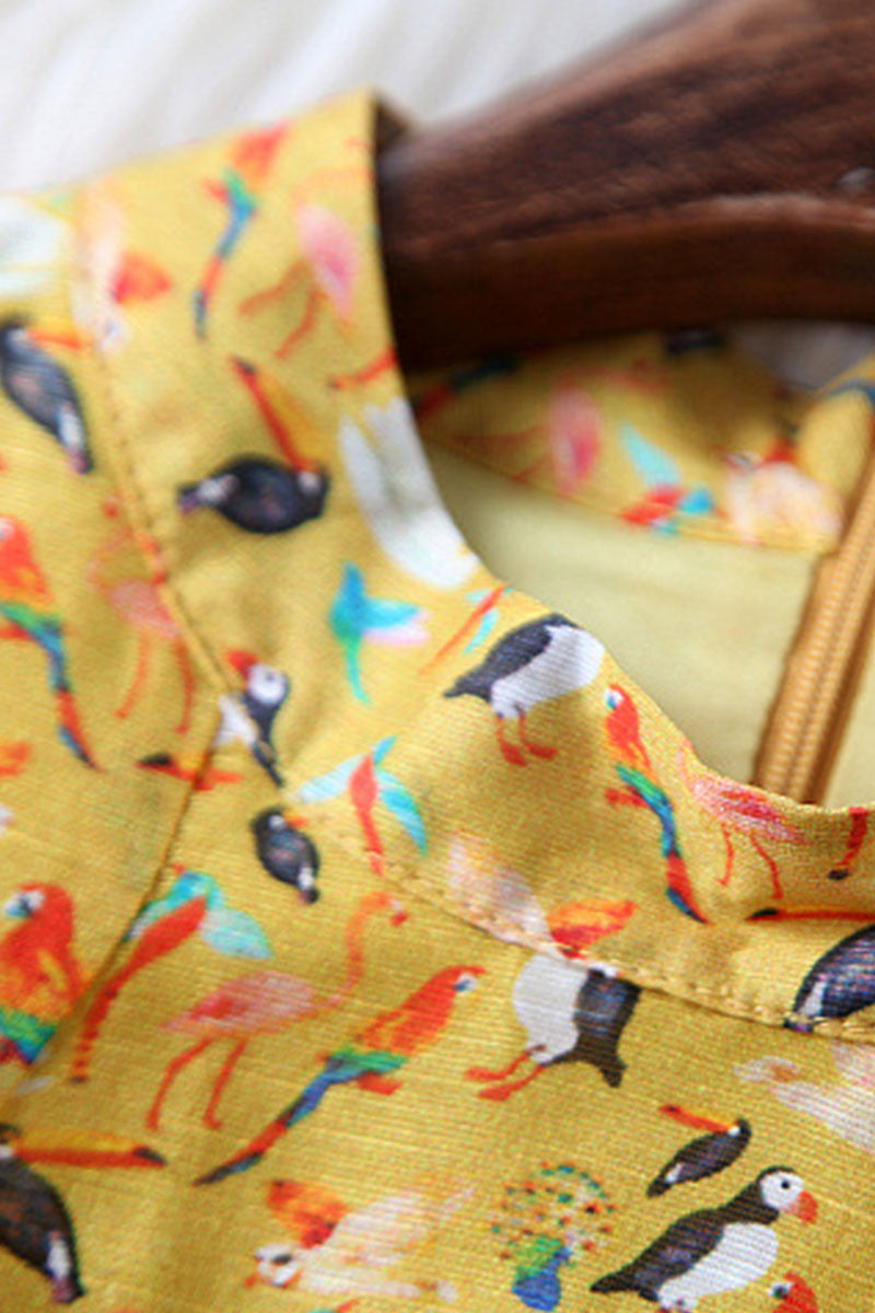 LOOSE CASUAL STAND COLLAR PRINT AND FLORAL 3/4 SLEEVE VACATION SHORT DRESS