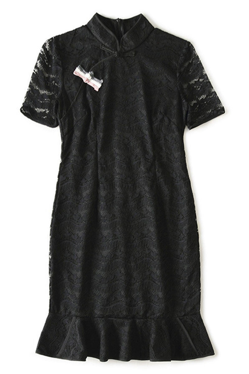 Elegant Lace Stand Collar Falbala Peplum Mini Dress