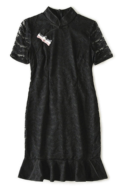 Elegant Lace Stand Collar Falbala Peplum Mini Dress