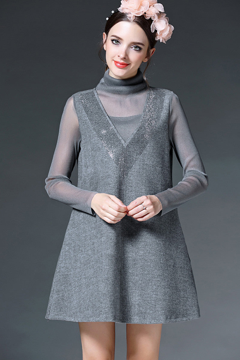 Little High Neck See Through Mesh Rhine-Stone Decoration Dress - NJOYDRESS - 1