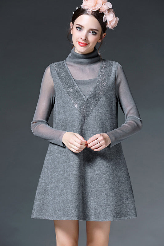 Little High Neck See Through Mesh Rhine-Stone Decoration Dress - NJOYDRESS - 1