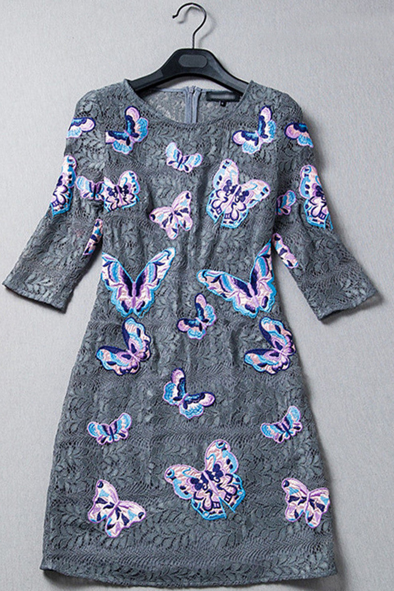 Round Collar Butterfly Embroidered Lace Bodycon Dress