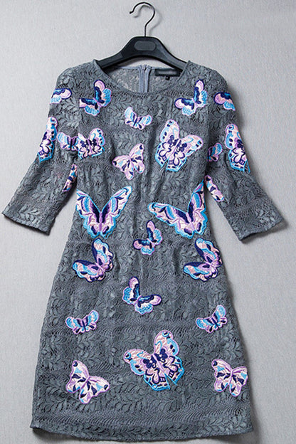 Round Collar Butterfly Embroidered Lace Bodycon Dress
