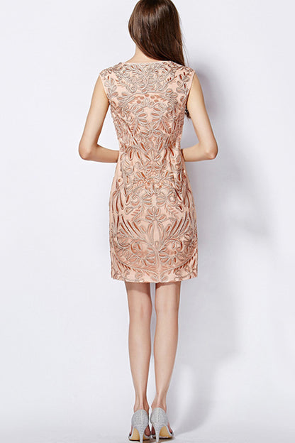 Round Collar Full Floral Embroidery Slim Dress