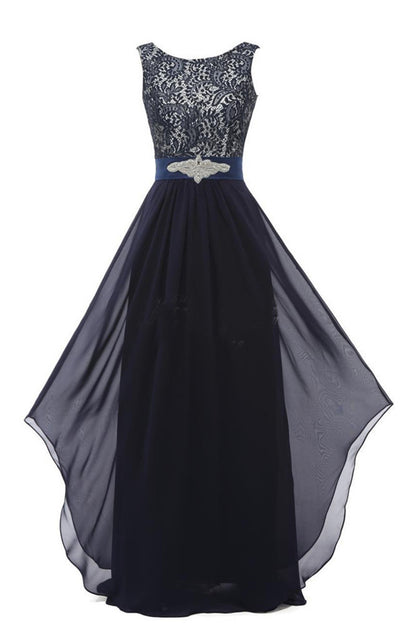 Round Collar Lace Applique Beaded Empire Waist Backless Flare Hem Tulle Gown Dress