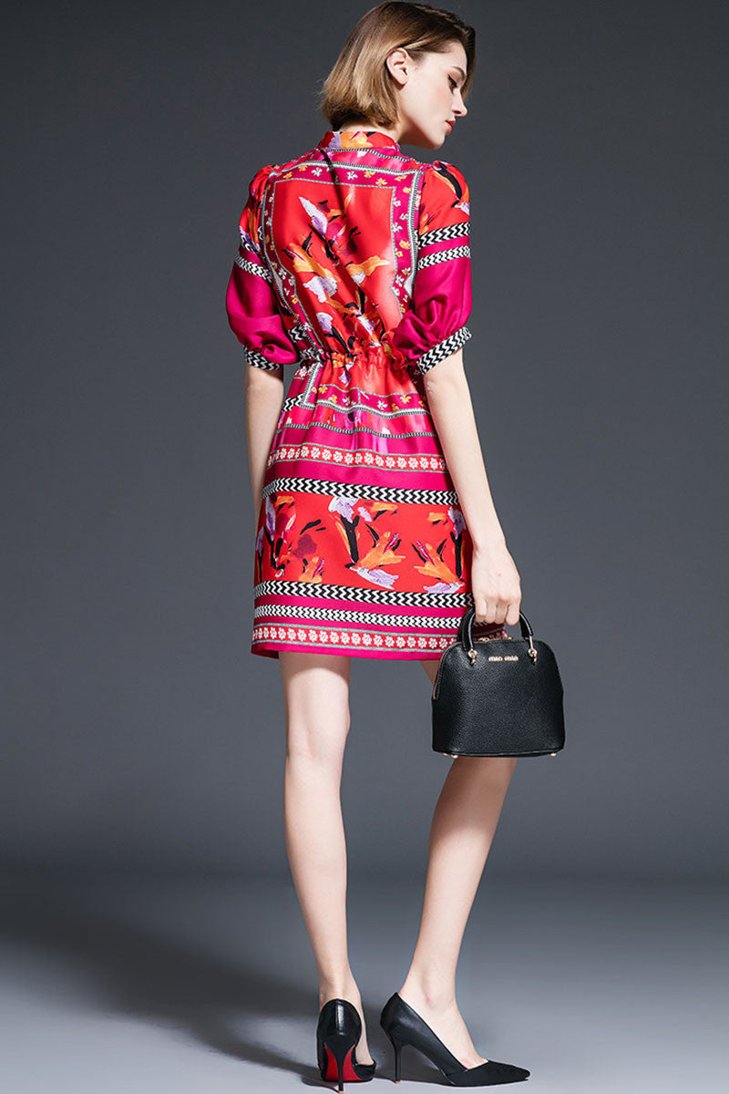 Multi Color Pattern 3/4 Puff Sleeve Adjustable Lacing Waist Dress - NJOYDRESS - 3