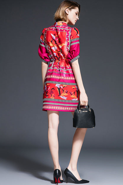 Multi Color Pattern 3/4 Puff Sleeve Adjustable Lacing Waist Dress - NJOYDRESS - 3