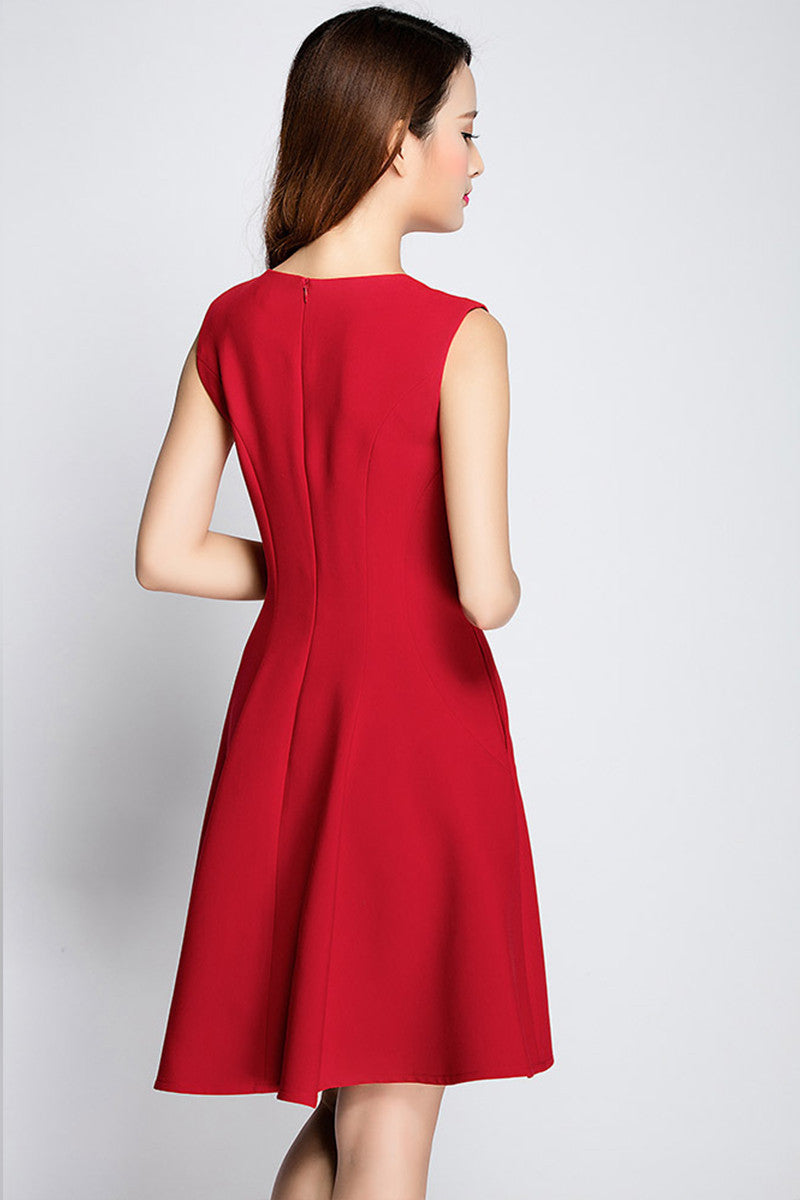 Round Collar Sleeveless Flare Dress With Brooch - NJOYDRESS - 2