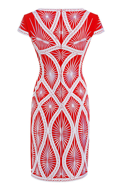 Round Collar Geometric Embroidered Cap Sleeve Slim Dress