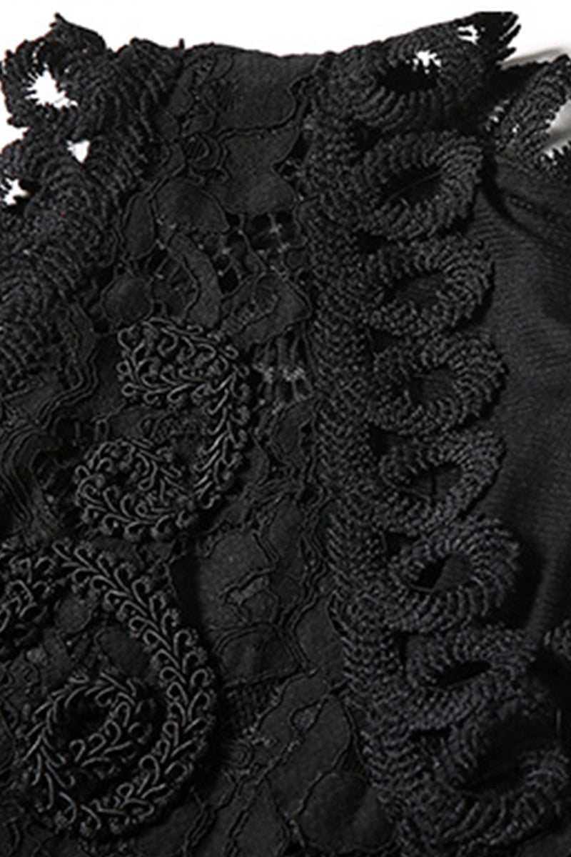 Faux Two Piece V-neck Lace Tops With Flared Mesh Skirt
