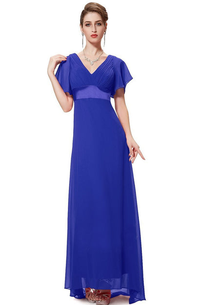 Deep V Neck Empire Waist Flare Mesh Sleeve Backless Dress Gown