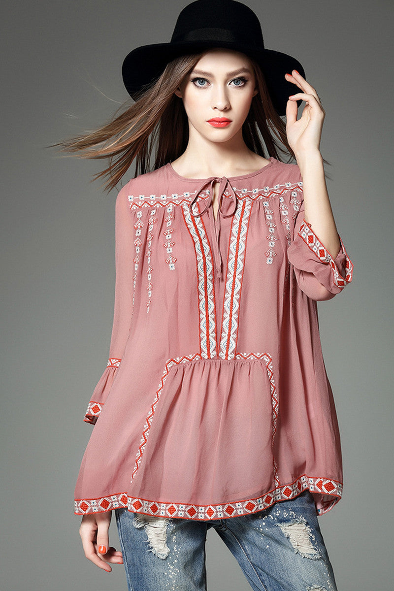 Stripe Emboridered Loose Blouse