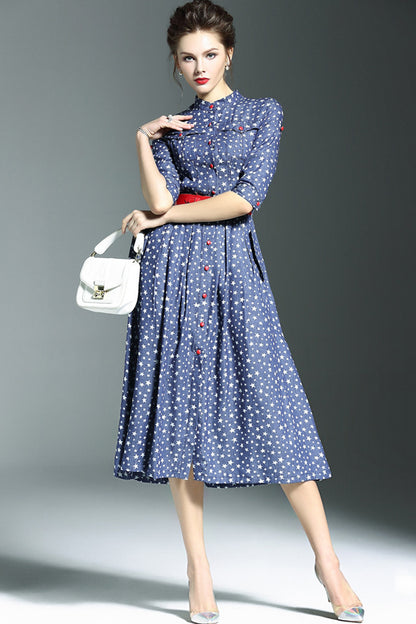 Grace Stand Collar Starry Sky Casual Midi Dress