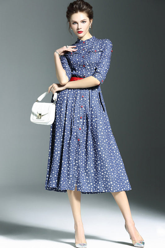 Grace Stand Collar Starry Sky Casual Midi Dress