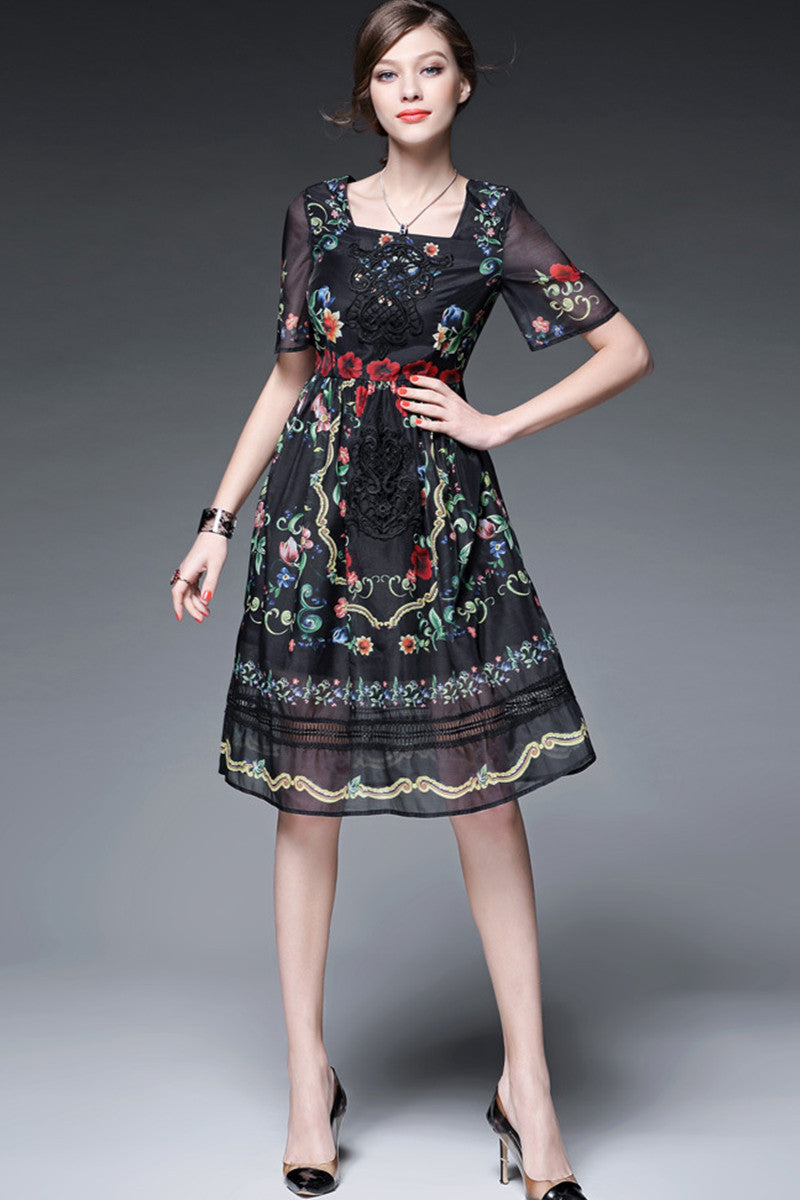 Square Neck Flowers Print Mesh Patch Empire Waist Swing Dress