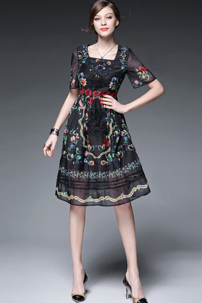 Square Neck Flowers Print Mesh Patch Empire Waist Swing Dress