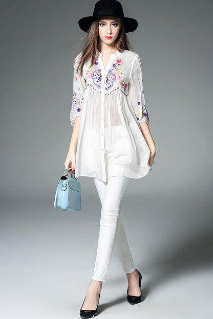 Emboridered With Stud Flared Button Down Shirts