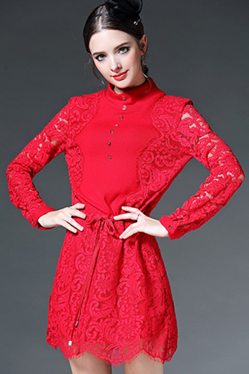 Little High Neck Button Lace Patch Waist Lacing Mini Dress - NJOYDRESS - 1