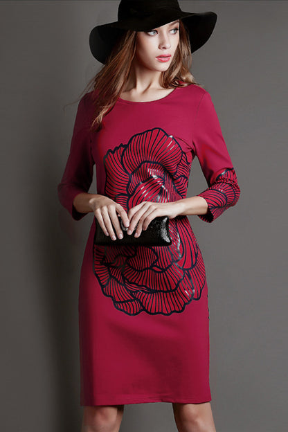 WOMEN'S ELEGANT BOAT NECK 3/4 PRINTING MIDI PARTY DRESS