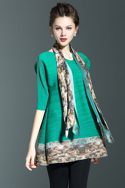 Scoop Neck Abstract Print Fold Loose Dress With Neckerchief