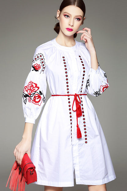 Lattern Sleeve FloraL Embroidery Full Dress With Belt