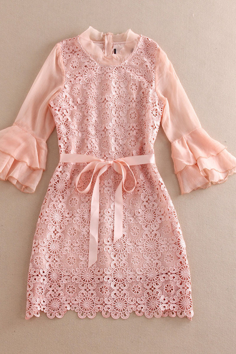 Round Collar Lattern Flare Chiffon Sleeve Lace Dress
