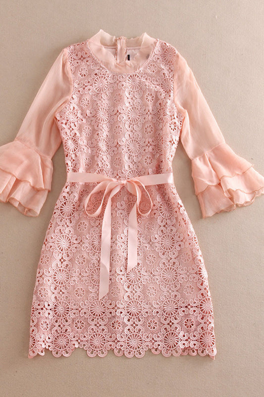 Round Collar Lattern Flare Chiffon Sleeve Lace Dress