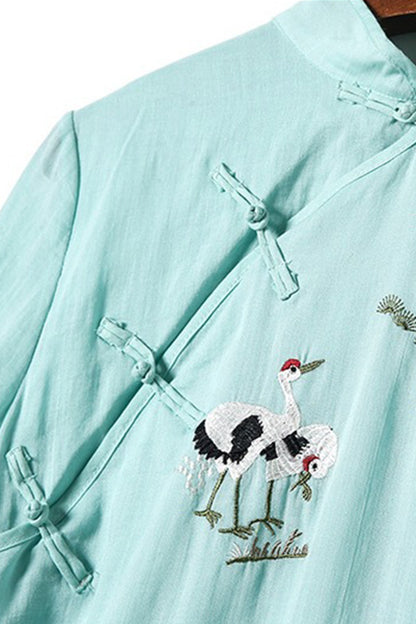 Stand Collar Chi-Pao Button Animals Embroidery Loose Flare Dress