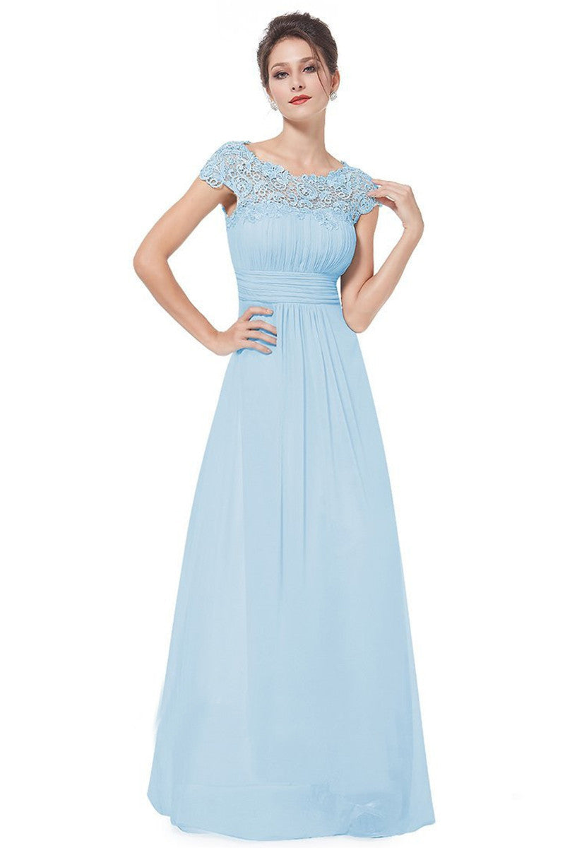 Boat Neck Lace AppliqueHollow-Out Back Empire Waist Tulle Gown Long Dress