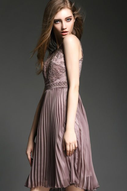 V-Neck Embroidered Mixed Bead Illusion Pleated Cocktail Dress