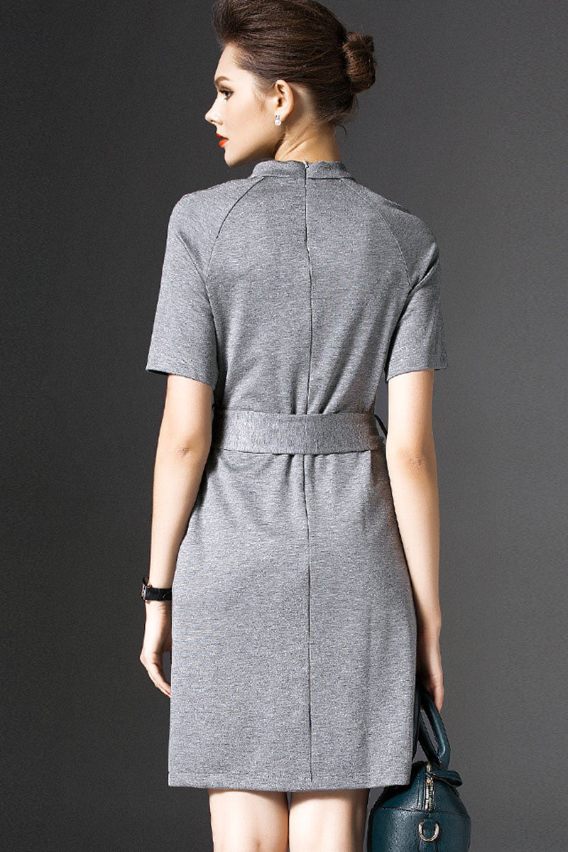 Stand Collar Front Slit Mini  Slim Dress With Belt - NJOYDRESS - 2