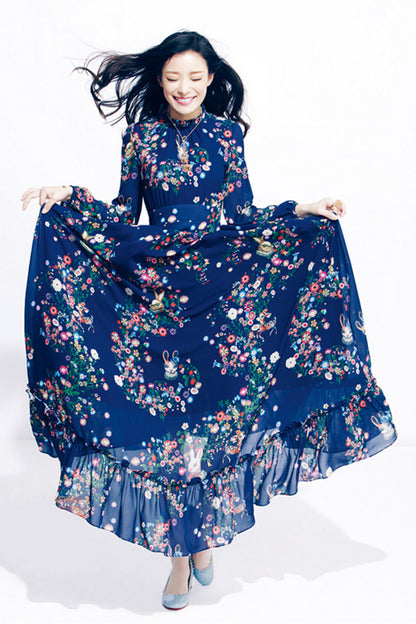Big Bottom Printted Chiffon Ankle Long  Dress - NJOYDRESS - 1