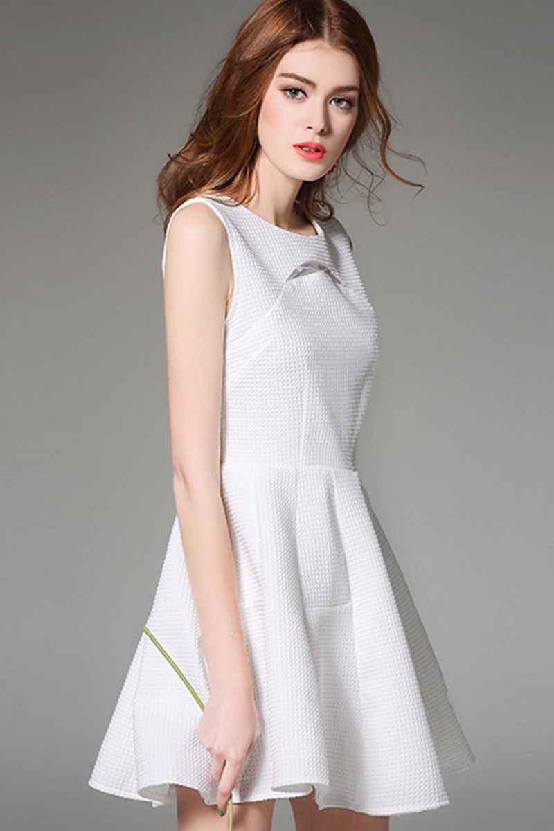 [30% OFF TILL 8 APR] Waffle Lace-Inset Fit-and-Flare Short Cocktail Dress