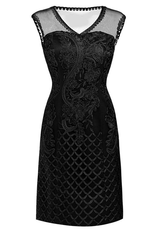 V Neck Sheer Mesh  Floral And Scale Embroidery Slim Dress