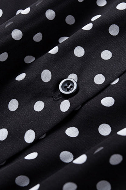 Lacing Neck Dots Print Slim Pleat Flare Midi Chiffon  Dress