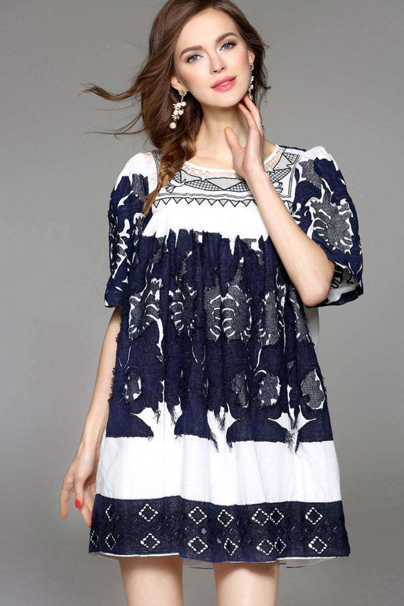 Round Collar Bubble Sleeve  Floral Embroidery Loose Pleated Romper Dress