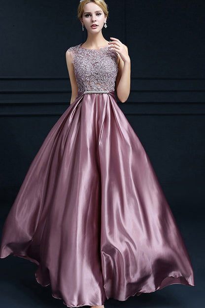 Lace Top Fit-and-Flare Satin Prom Party Dress